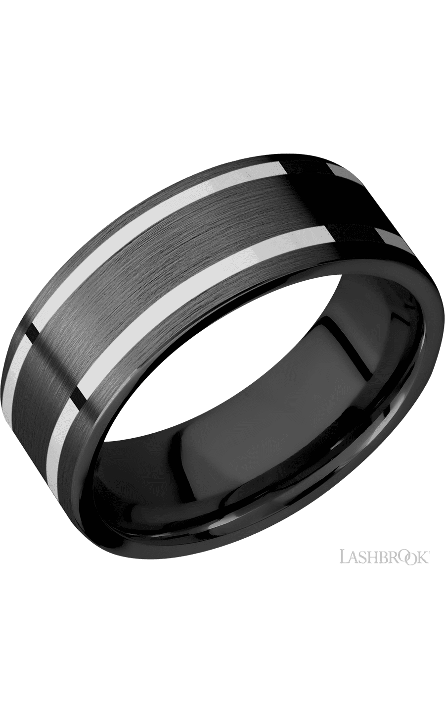8 mm wide/Flat/Zirconium band with two 1 mm Wide inlays of 14K White Gold. - NAGI