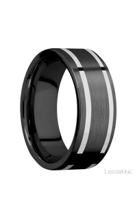 8 mm wide/Flat/Zirconium band with two 1 mm Wide inlays of 14K White Gold.