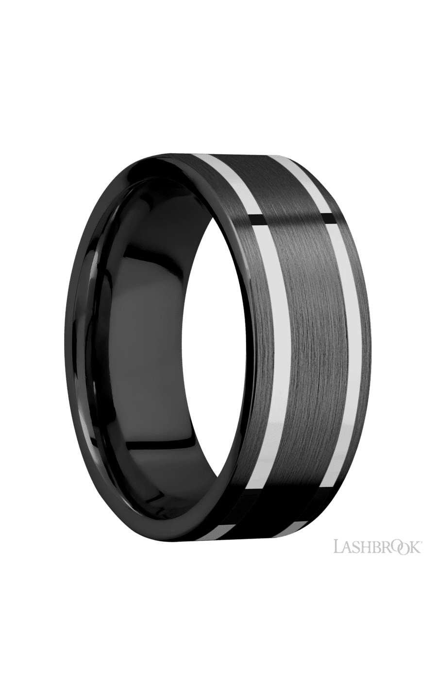 8 mm wide/Flat/Zirconium band with two 1 mm Wide inlays of 14K White Gold. - NAGI