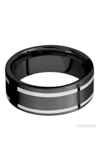 8 mm wide/Flat/Zirconium band with two 1 mm Wide inlays of 14K White Gold.