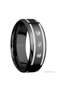8 mm wide/High Bevel/Zirconium band with  two 1 mm Wide inlays of 14K White Gold and featuring an  arrangement of 3, .05 carat Round Diamond (ST) stones in a Flush setting - NAGI