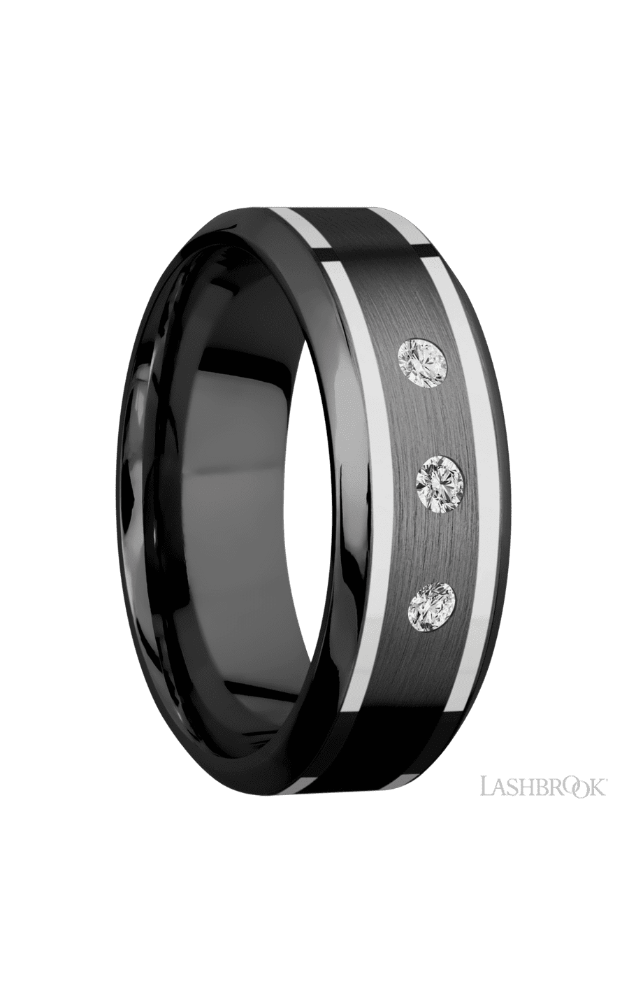 8 mm wide/High Bevel/Zirconium band with  two 1 mm Wide inlays of 14K White Gold and featuring an  arrangement of 3, .05 carat Round Diamond (ST) stones in a Flush setting - NAGI