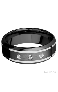 8 mm wide/High Bevel/Zirconium band with  two 1 mm Wide inlays of 14K White Gold and featuring an  arrangement of 3, .05 carat Round Diamond (ST) stones in a Flush setting