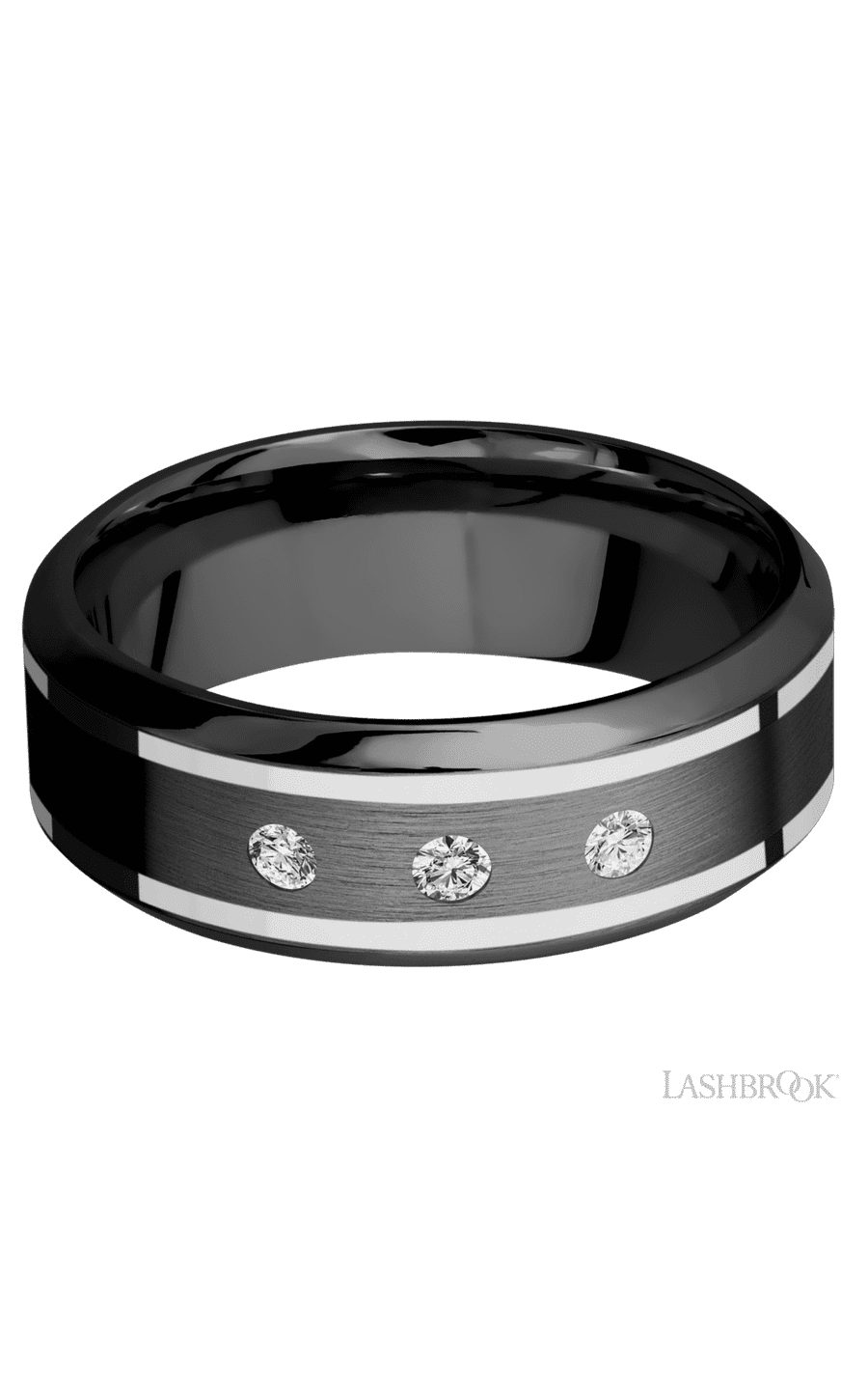 8 mm wide/High Bevel/Zirconium band with  two 1 mm Wide inlays of 14K White Gold and featuring an  arrangement of 3, .05 carat Round Diamond (ST) stones in a Flush setting - NAGI