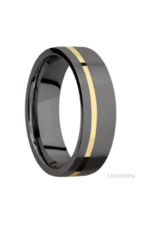 7 mm wide/Flat/Tantalum Noir band with one 1 mm Off Center inlay of 14K Yellow Gold.