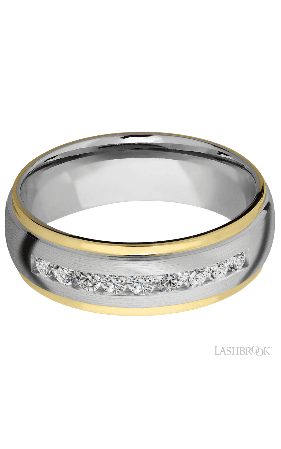 7 mm wide/Domed Stepped Down Edges/Cobalt Chrome band with an  arrangement of 9, .05 carat Round Lab Grown Diamond stones in a Channel setting and featuring two 1 mm Edge inlays of 14K Yellow Gold - NAGI