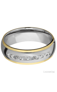 7 mm wide/Domed Stepped Down Edges/Cobalt Chrome band with an  arrangement of 9, .05 carat Round Lab Grown Diamond stones in a Channel setting and featuring two 1 mm Edge inlays of 14K Yellow Gold