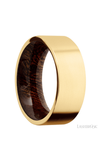 8 mm wide Flat 14K Yellow Gold band featuring a Sapele sleeve.