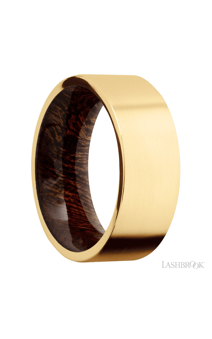 8 mm wide Flat 14K Yellow Gold band featuring a Sapele sleeve.
