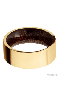8 mm wide Flat 14K Yellow Gold band featuring a Sapele sleeve.