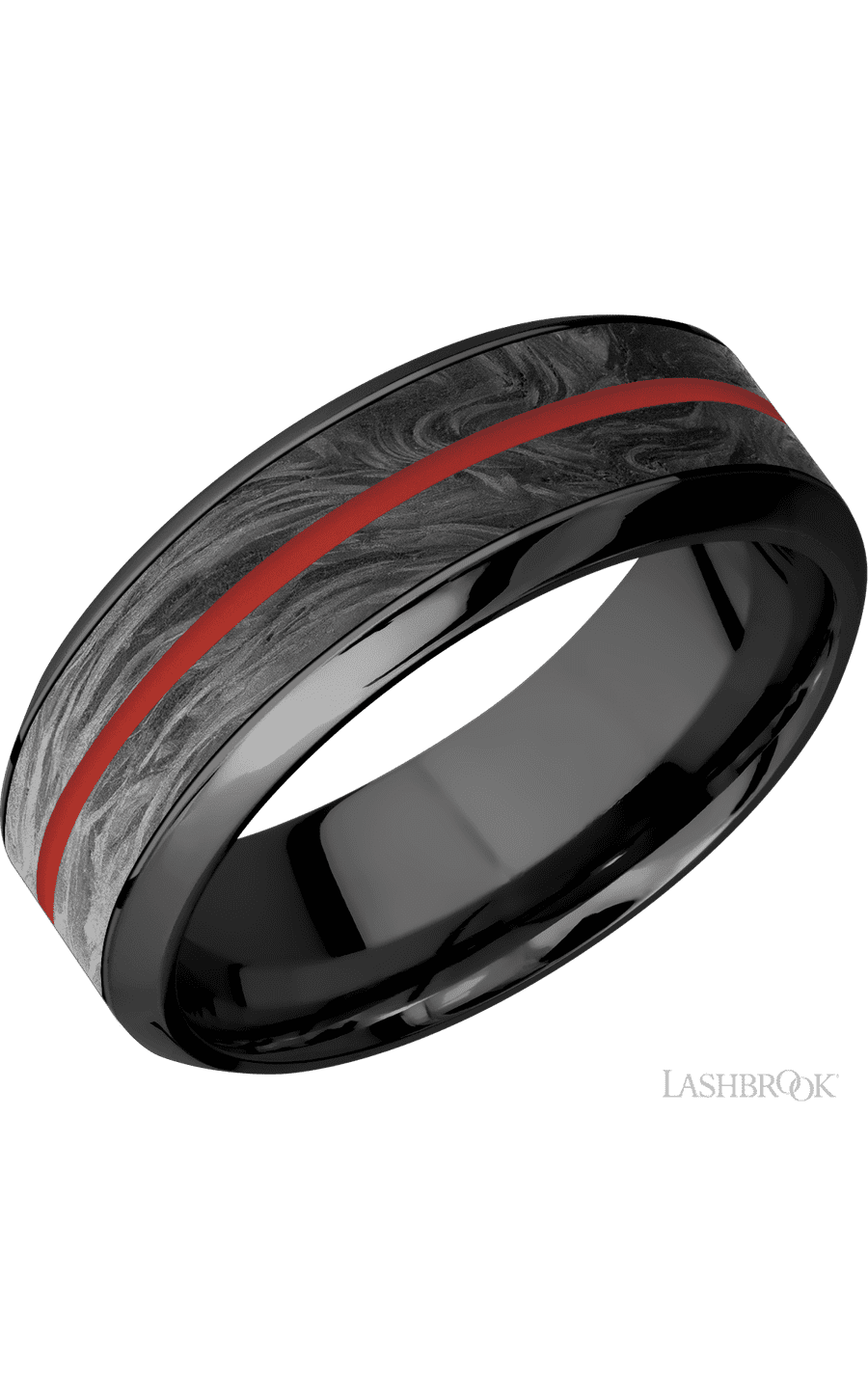 8 mm wide/High Bevel/Zirconium band featuring inlays of Forged Carbon Fiber and USMC Red. - NAGI