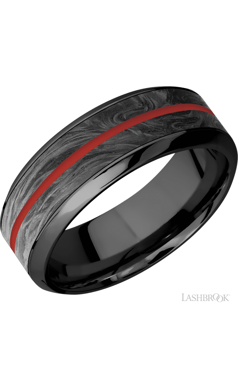 8 mm wide/High Bevel/Zirconium band featuring inlays of Forged Carbon Fiber and USMC Red. - NAGI