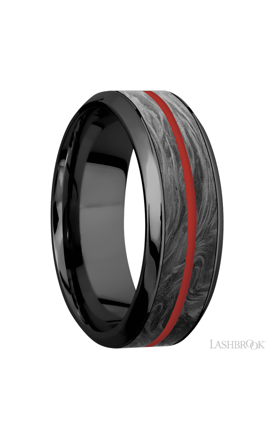 8 mm wide/High Bevel/Zirconium band featuring inlays of Forged Carbon Fiber and USMC Red. - NAGI