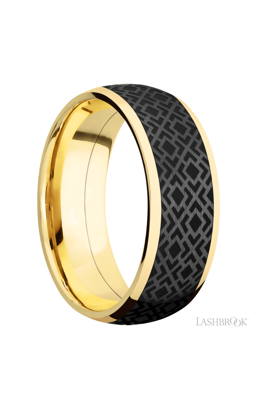 8 mm wide/Domed/14K Yellow Gold band with one 6 mm Centered inlay of Zirconium with a laser carved Trellis 2 pattern. - NAGI