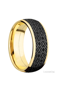 8 mm wide/Domed/14K Yellow Gold band with one 6 mm Centered inlay of Zirconium with a laser carved Trellis 2 pattern.