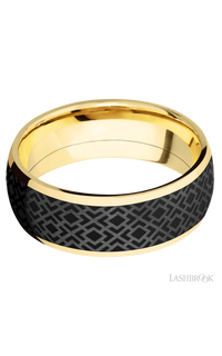 8 mm wide/Domed/14K Yellow Gold band with one 6 mm Centered inlay of Zirconium with a laser carved Trellis 2 pattern.