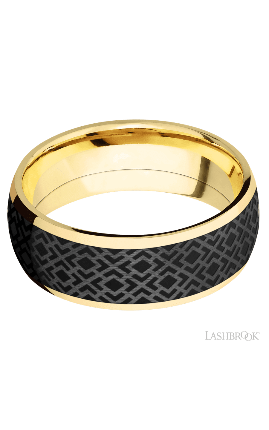 8 mm wide/Domed/14K Yellow Gold band with one 6 mm Centered inlay of Zirconium with a laser carved Trellis 2 pattern. - NAGI