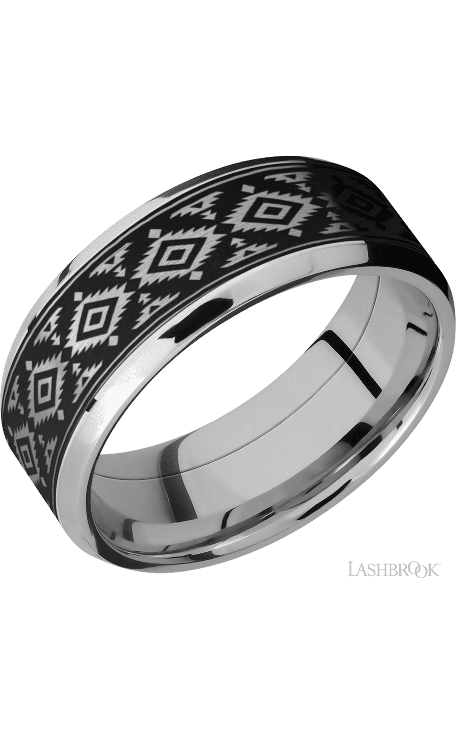 8 mm wide/Beveled/Cobalt Chrome band with one 6 mm Centered inlay of Tantalum with a laser carved Aztec 2 pattern. - NAGI