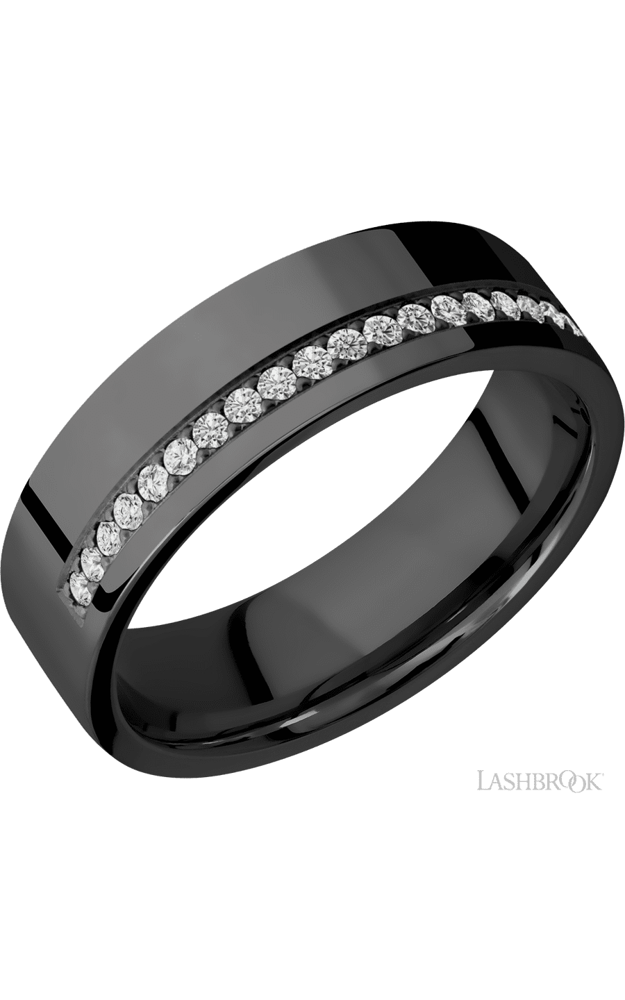 7 mm wide/Flat/Zirconium band with a Off Center Half Eternity arrangement of .015 carat Round Diamond stones in a Bead setting. - NAGI
