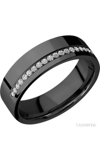 7 mm wide/Flat/Zirconium band with a Off Center Half Eternity arrangement of .015 carat Round Diamond stones in a Bead setting.