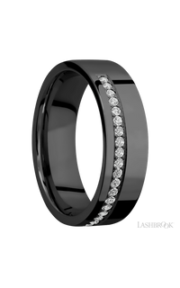 7 mm wide/Flat/Zirconium band with a Off Center Half Eternity arrangement of .015 carat Round Diamond stones in a Bead setting. - NAGI