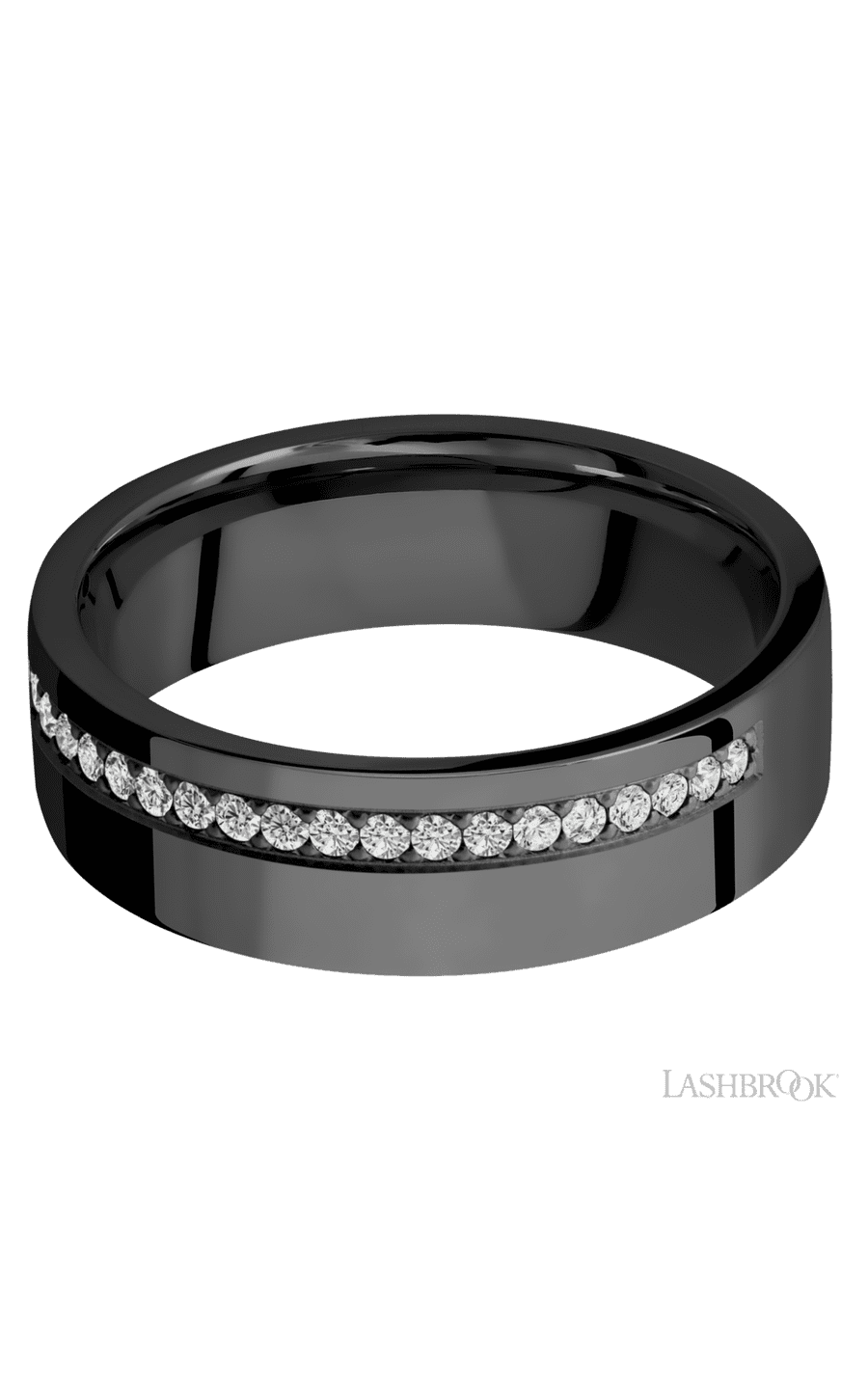 7 mm wide/Flat/Zirconium band with a Off Center Half Eternity arrangement of .015 carat Round Diamond stones in a Bead setting. - NAGI