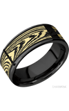 8 mm wide/Flat/Zirconium band with one 6 mm Centered inlay of 14K Yellow Gold with a laser carved Woodgrain pattern.