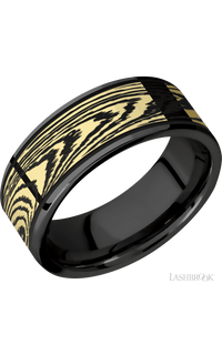 8 mm wide/Flat/Zirconium band with one 6 mm Centered inlay of 14K Yellow Gold with a laser carved Woodgrain pattern.