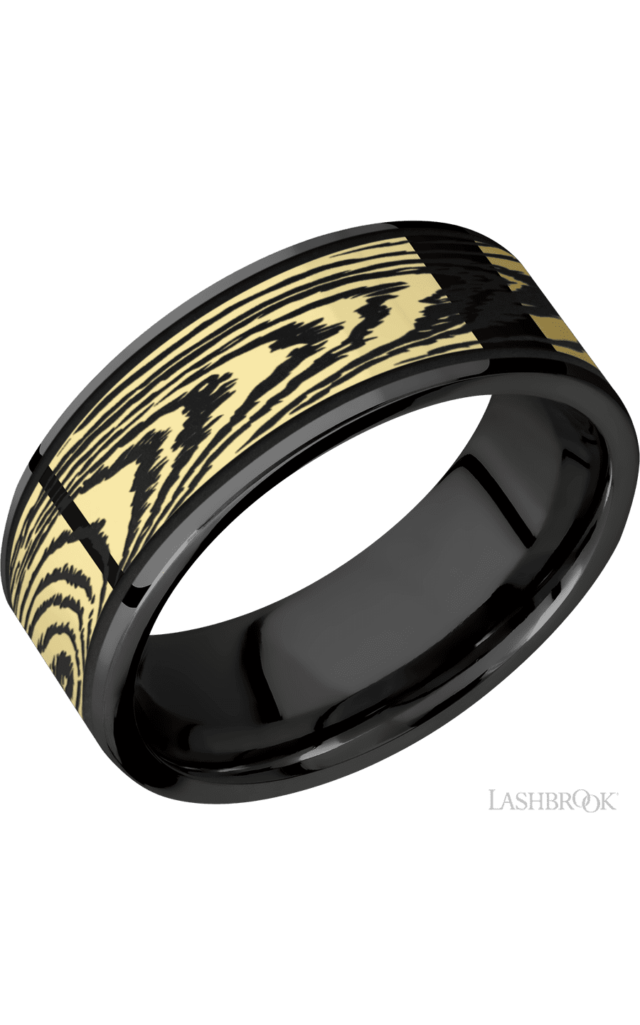 8 mm wide/Flat/Zirconium band with one 6 mm Centered inlay of 14K Yellow Gold with a laser carved Woodgrain pattern.