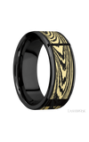 8 mm wide/Flat/Zirconium band with one 6 mm Centered inlay of 14K Yellow Gold with a laser carved Woodgrain pattern.