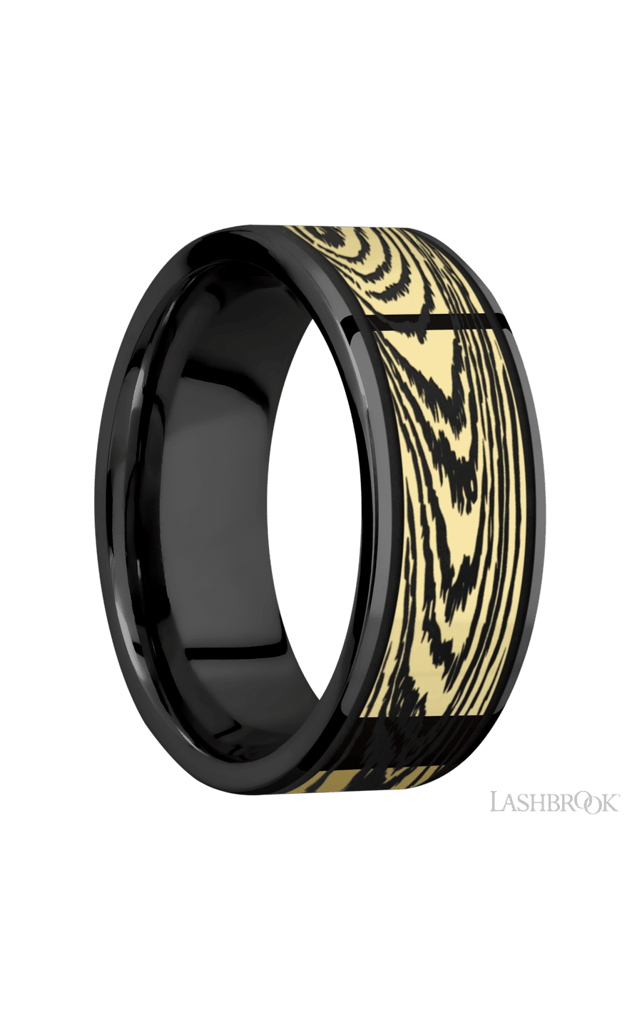 8 mm wide/Flat/Zirconium band with one 6 mm Centered inlay of 14K Yellow Gold with a laser carved Woodgrain pattern.