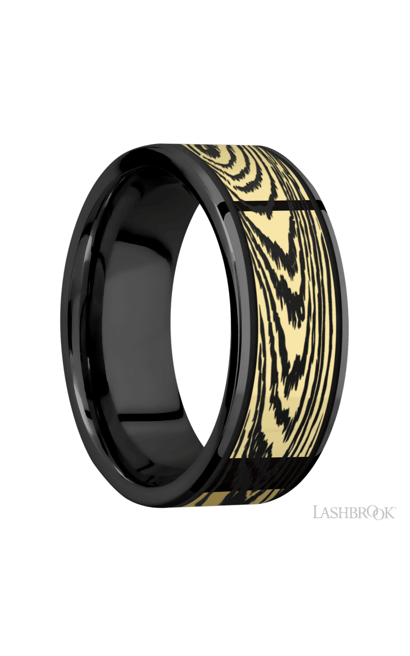 8 mm wide/Flat/Zirconium band with one 6 mm Centered inlay of 14K Yellow Gold with a laser carved Woodgrain pattern.