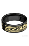 8 mm wide/Flat/Zirconium band with one 6 mm Centered inlay of 14K Yellow Gold with a laser carved Woodgrain pattern.