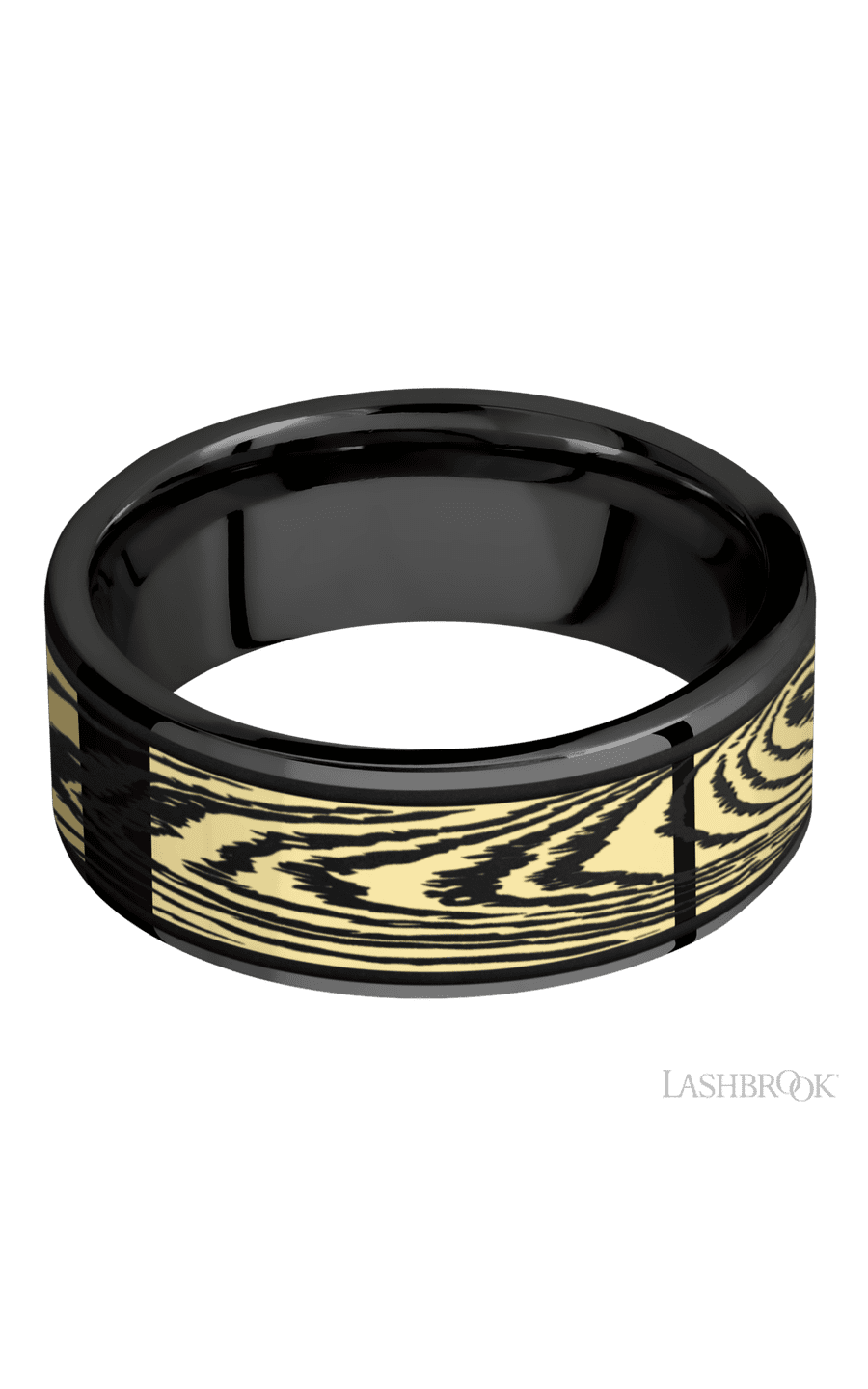 8 mm wide/Flat/Zirconium band with one 6 mm Centered inlay of 14K Yellow Gold with a laser carved Woodgrain pattern.