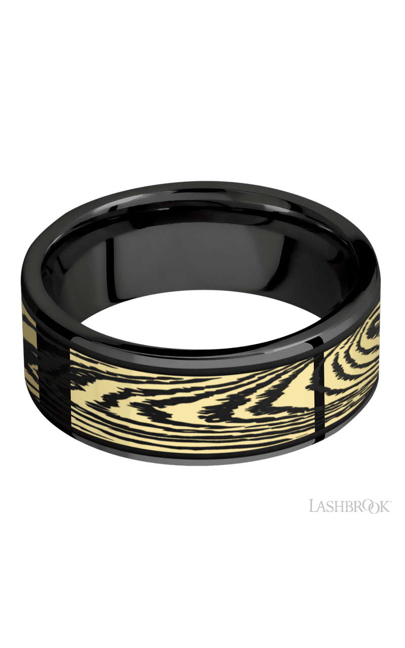 8 mm wide/Flat/Zirconium band with one 6 mm Centered inlay of 14K Yellow Gold with a laser carved Woodgrain pattern.