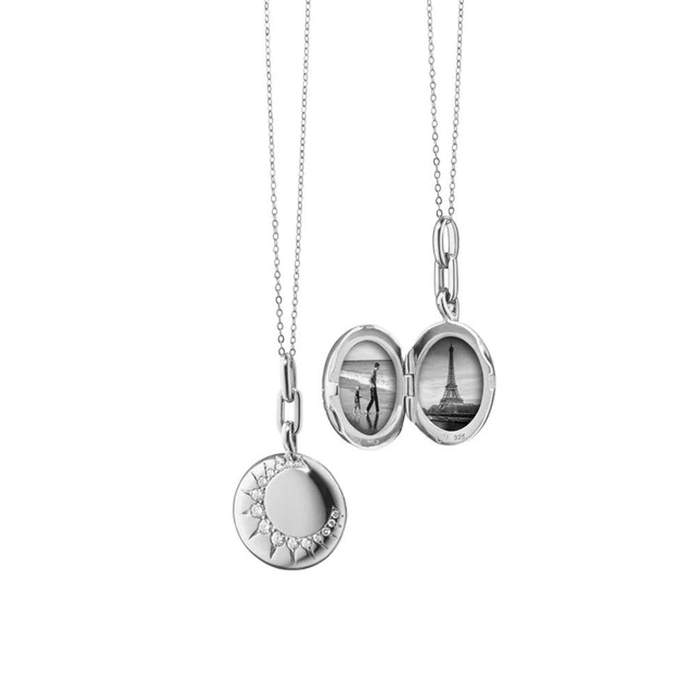 Sun Silver Locket Necklace with Sapphires