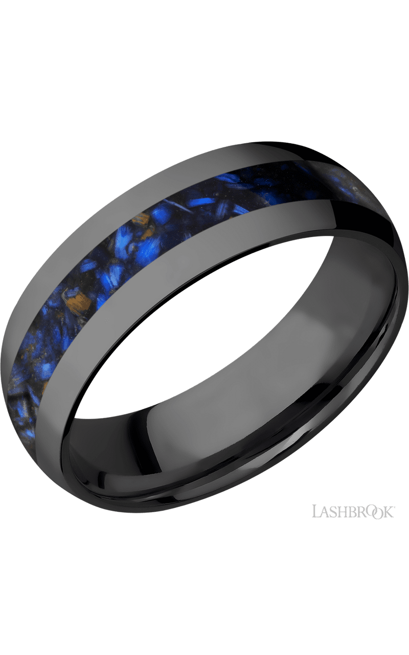 7 mm wide/Domed/Zirconium band with one 3 mm Centered inlay of Blue Tiger Eye. - NAGI