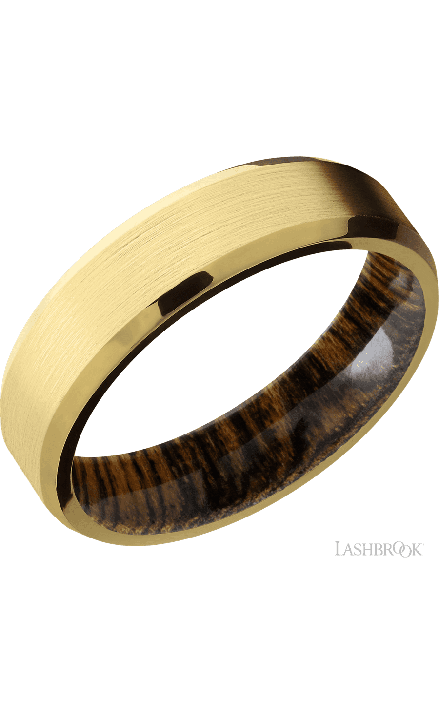 6 mm wide Beveled 18K Yellow Gold band featuring a Bocote sleeve.
