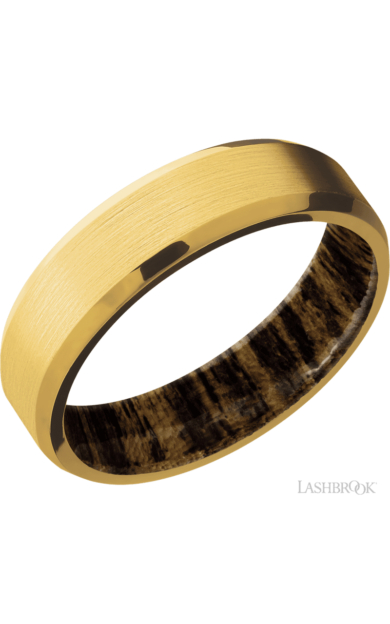 6 mm wide Beveled 18K Yellow Gold band featuring a Bocote sleeve. - NAGI