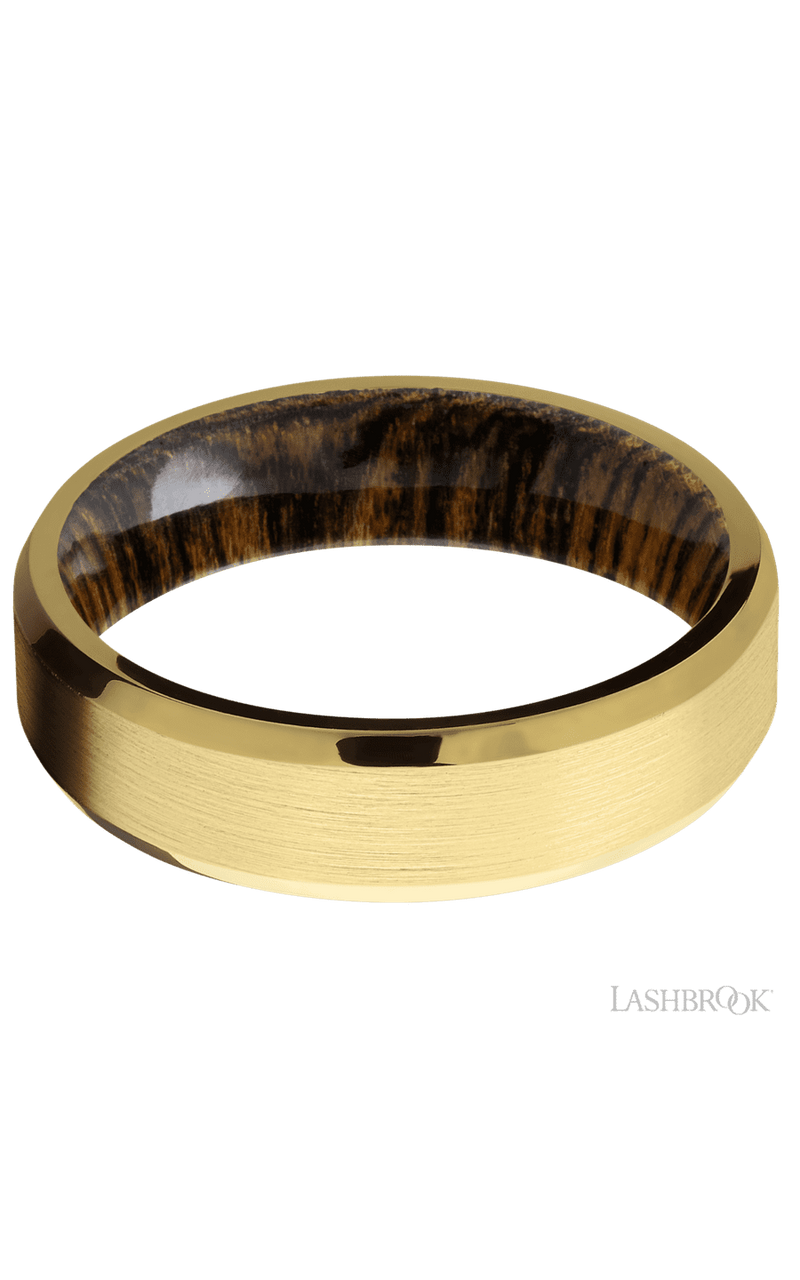6 mm wide Beveled 18K Yellow Gold band featuring a Bocote sleeve.