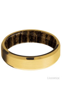6 mm wide Beveled 18K Yellow Gold band featuring a Bocote sleeve.