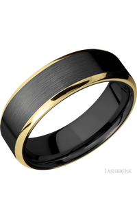 7 mm wide/Beveled/Zirconium band with two 1 mm Edge inlays of 14K Yellow Gold.