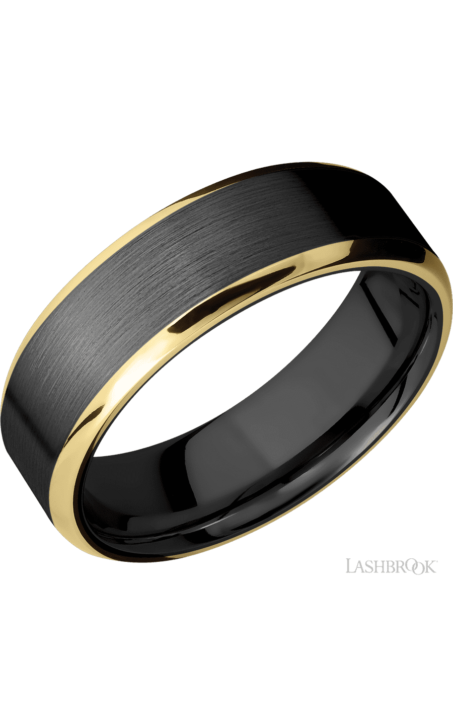 7 mm wide/Beveled/Zirconium band with two 1 mm Edge inlays of 14K Yellow Gold.
