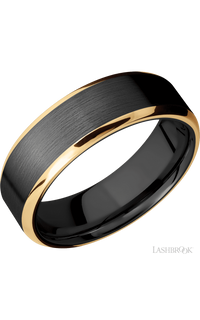 7 mm wide/Beveled/Zirconium band with two 1 mm Edge inlays of 14K Yellow Gold.