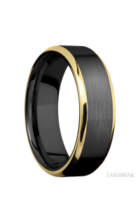 7 mm wide/Beveled/Zirconium band with two 1 mm Edge inlays of 14K Yellow Gold.