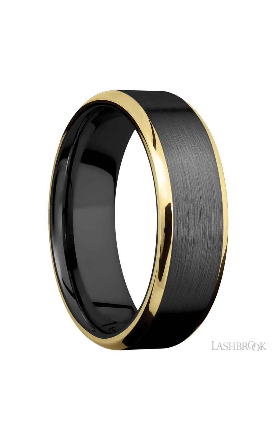 7 mm wide/Beveled/Zirconium band with two 1 mm Edge inlays of 14K Yellow Gold.