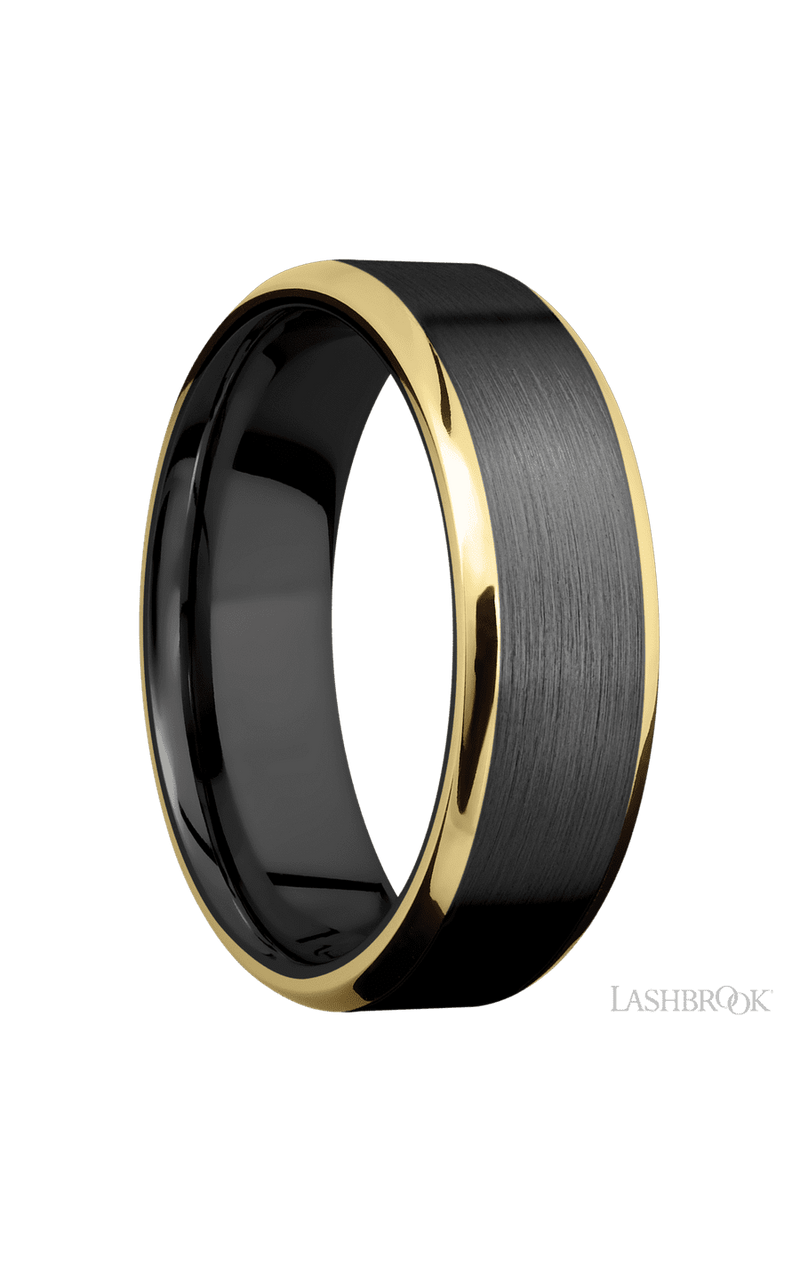 7 mm wide/Beveled/Zirconium band with two 1 mm Edge inlays of 14K Yellow Gold.