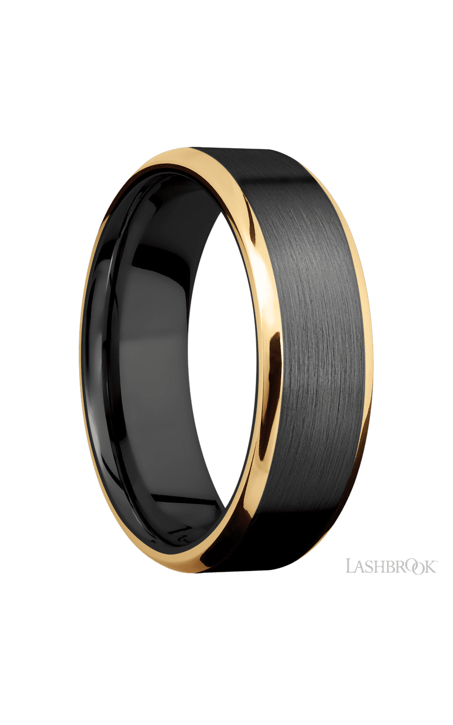 7 mm wide/Beveled/Zirconium band with two 1 mm Edge inlays of 14K Yellow Gold.