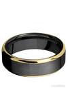 7 mm wide/Beveled/Zirconium band with two 1 mm Edge inlays of 14K Yellow Gold.