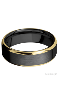 7 mm wide/Beveled/Zirconium band with two 1 mm Edge inlays of 14K Yellow Gold.